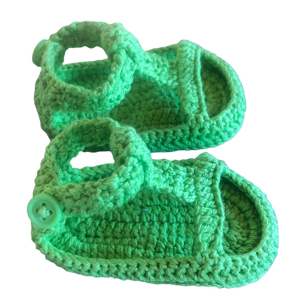 Handmade Baby Easter Sandals Crocheted Lime Green Infant 3.5” Button Shoes New